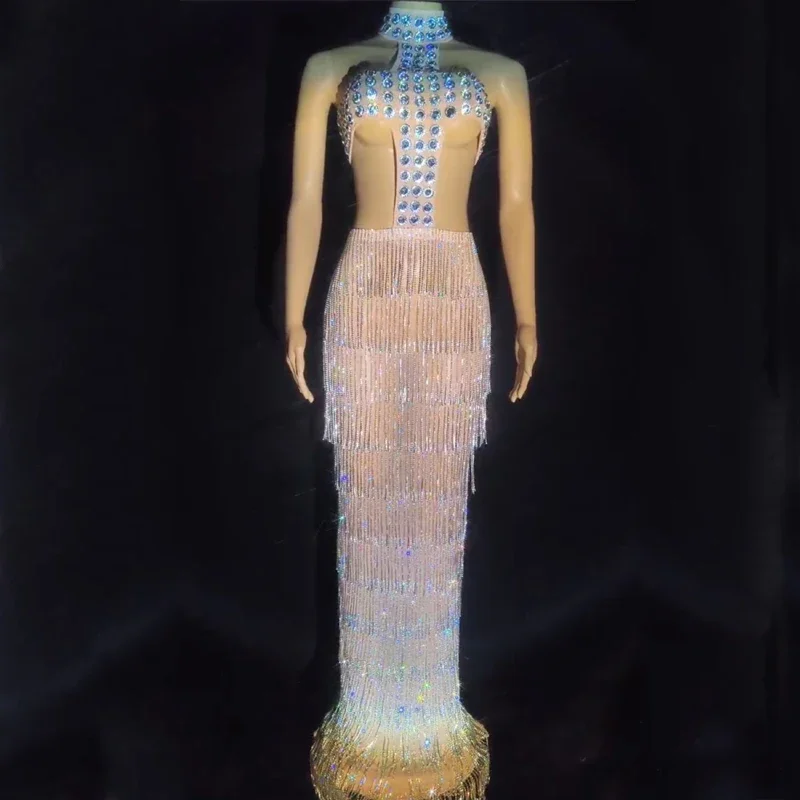 Robe à franges avec strass clignotants, tenue de soirée Sexy découpée pour femmes, Costume de célébration d'anniversaire, tenue de Festival sur scène XS7022