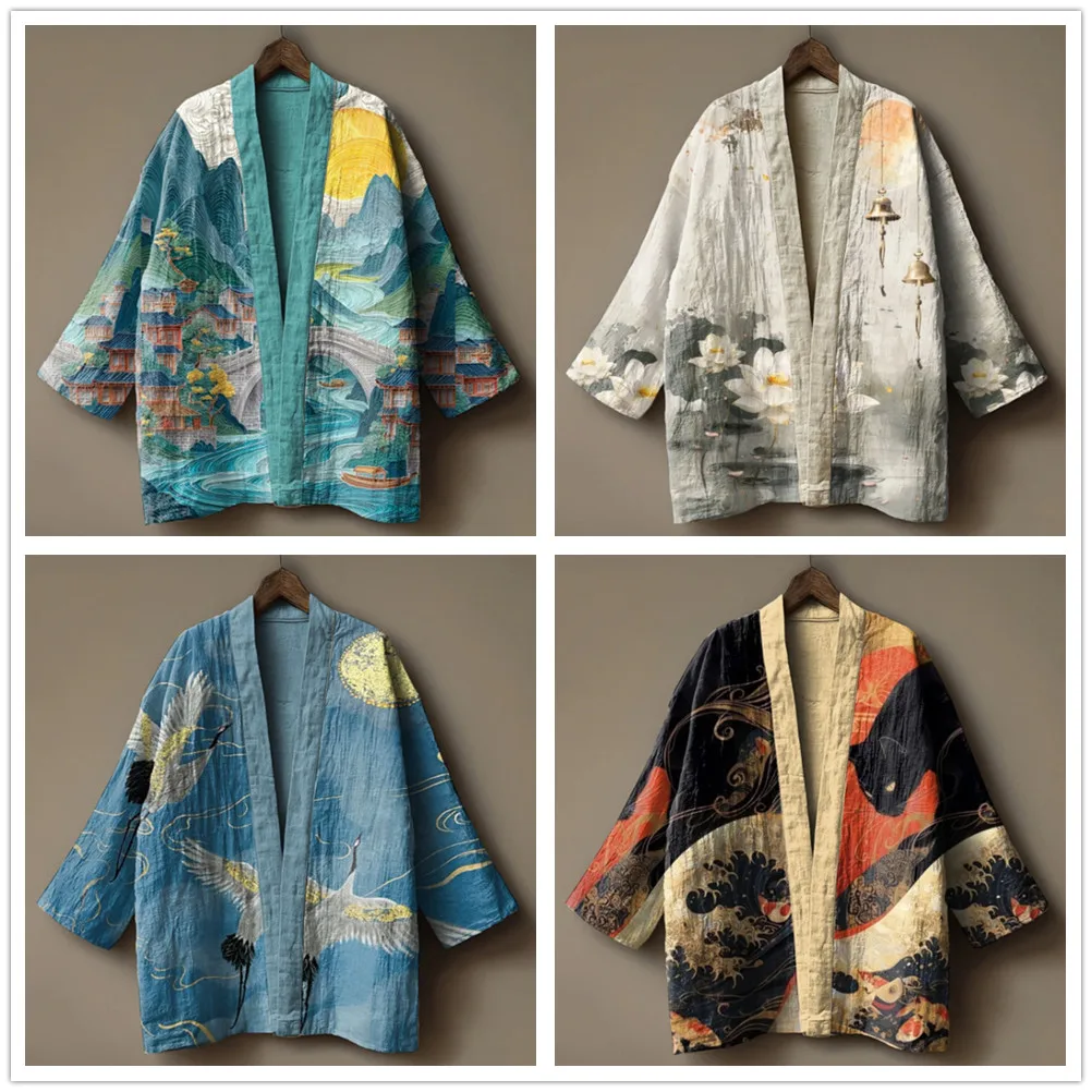 Kimono Japonês Yukata, Kimono Samurai Masculino com Estampa de Grou, Camisa, Roupa, Cardigã Harajuku, Kimono Tradicional Haori Feminino