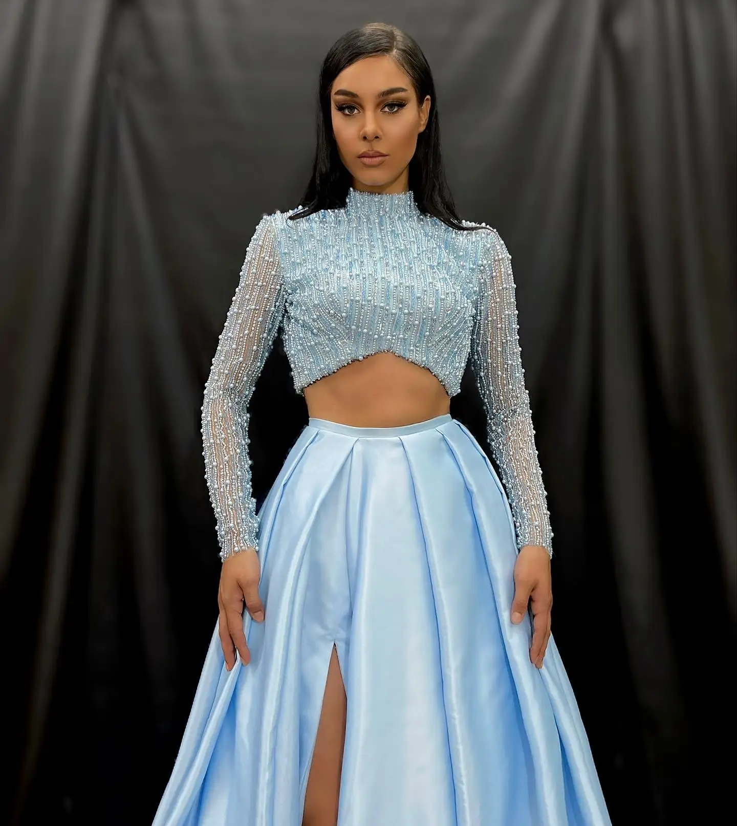 High End Sky Blue High Split Satin Skirts Women To Party A-line Long Maxi Skirt Zipper Custom Made Female Bottom