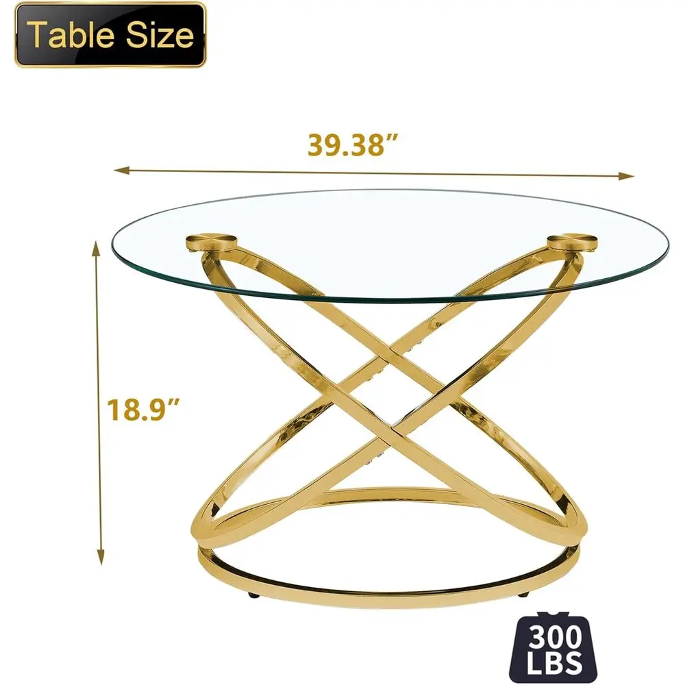 Modern 39.4 Round Glass Coffee Table with Gold Ring Frame for Living Room