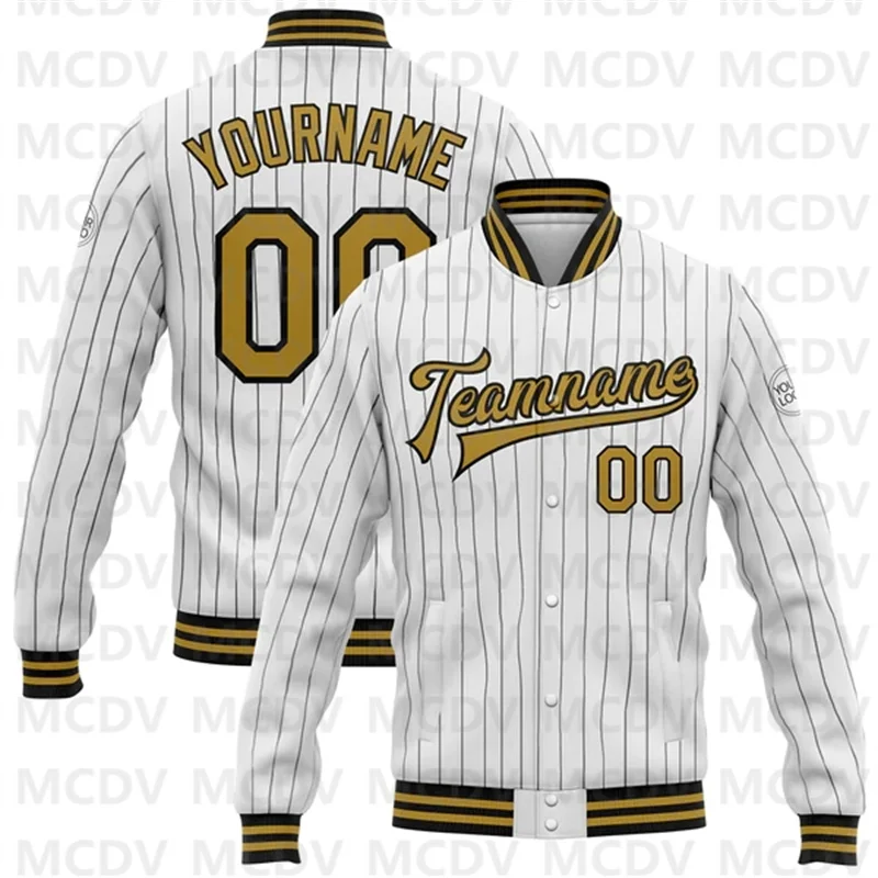 Custom White Black Pinstripe Old Gold Bomber Full-Snap Varsity Letterman Jacket 3D Printed Baseball Button Jacket