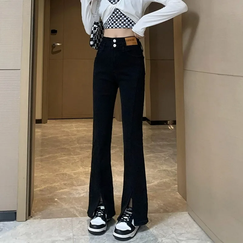 High Waist Micro Flare Skinny Jeans Women's Black Slimming Floor-Length Trousers Cotton Stretch Denim Autumn New Arrival