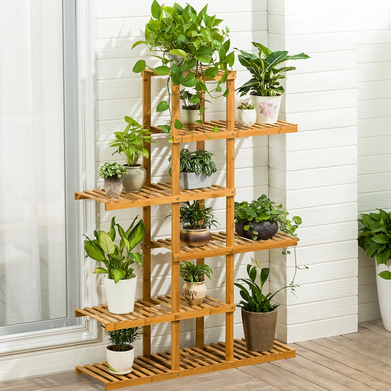 6-Tier Wooden Plant Stand Carbonized Wood Flower Display Rack Bonsai Pot Holder Patio Garden Shelving Wooden Rack