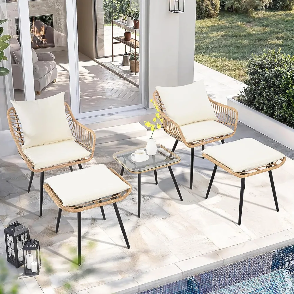 

5 Pieces Outdoor Wicker Furniture Set, Patio Bistro Set with Ottomans Rattan Balcony Furniture for Apartment, Garden, Porch