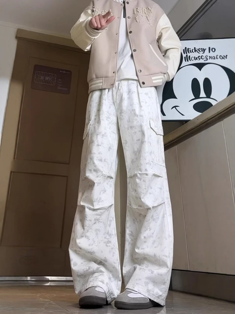 

Мужские рабочие брюки-джинсы с высокой талией, прямые, повседневные, с эффектом потертости и рваными элементами, модные, из хлопка