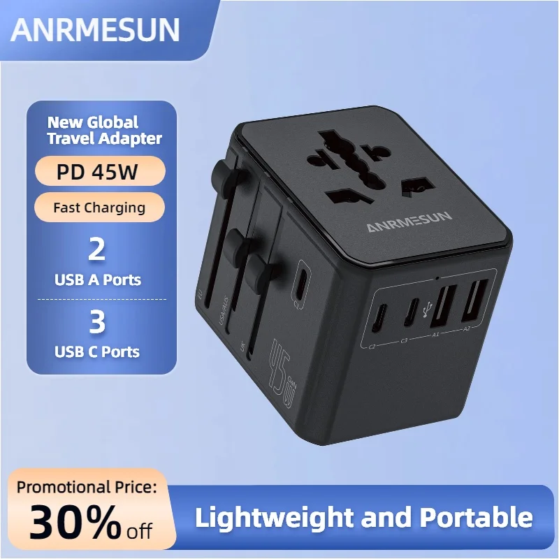 Universele reisadapter met 4 stopcontacten 1 USB-poort 2 Type-C PD 25 W Alles-in-één snel opladen op EU UK US AUS-stekker opladen