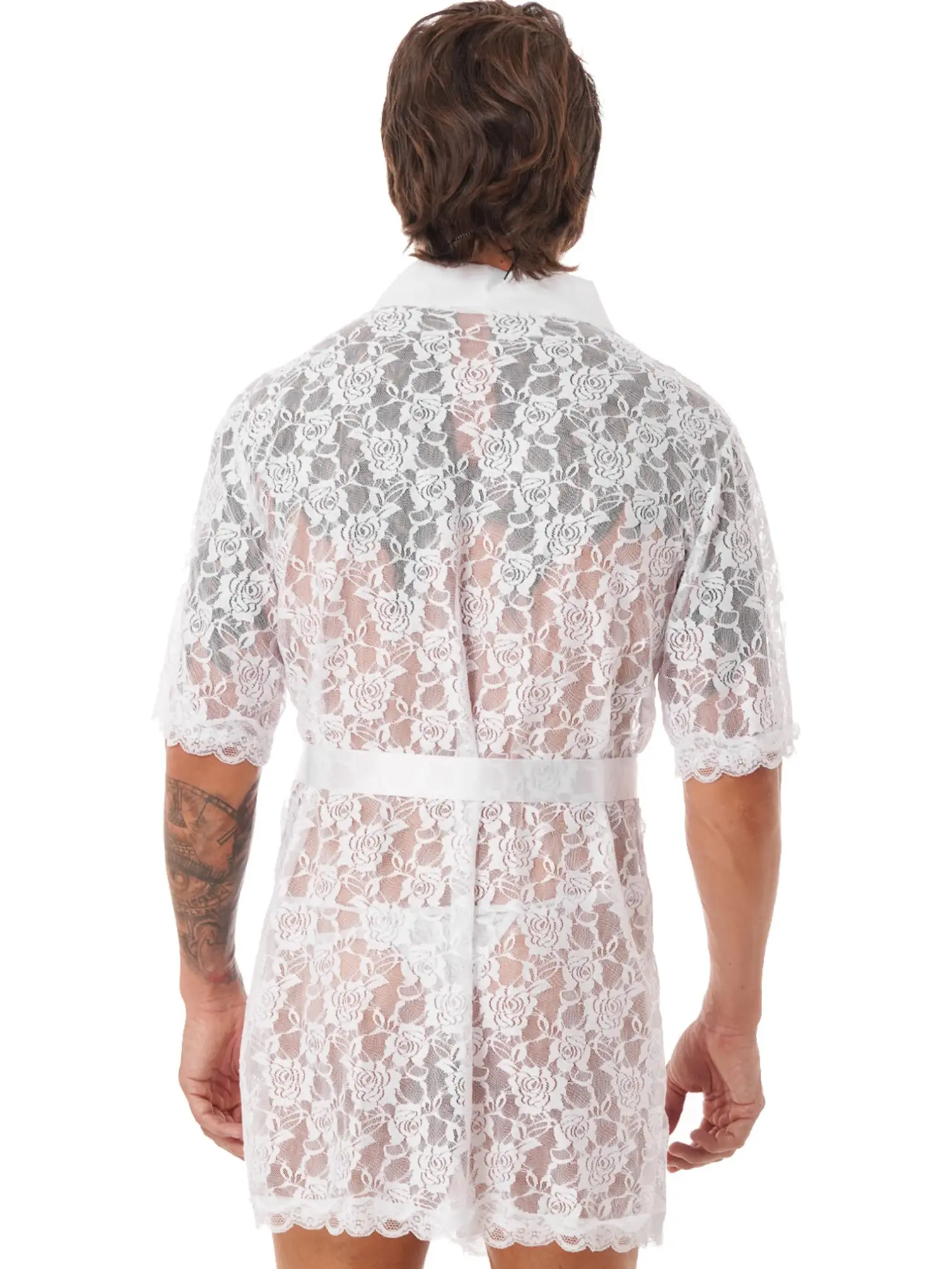 男性のセクシーなレースのナイトガウンシアーホワイトシースルースリープシャツ半袖花刺繍部屋着夏のコンフォートパジャマ