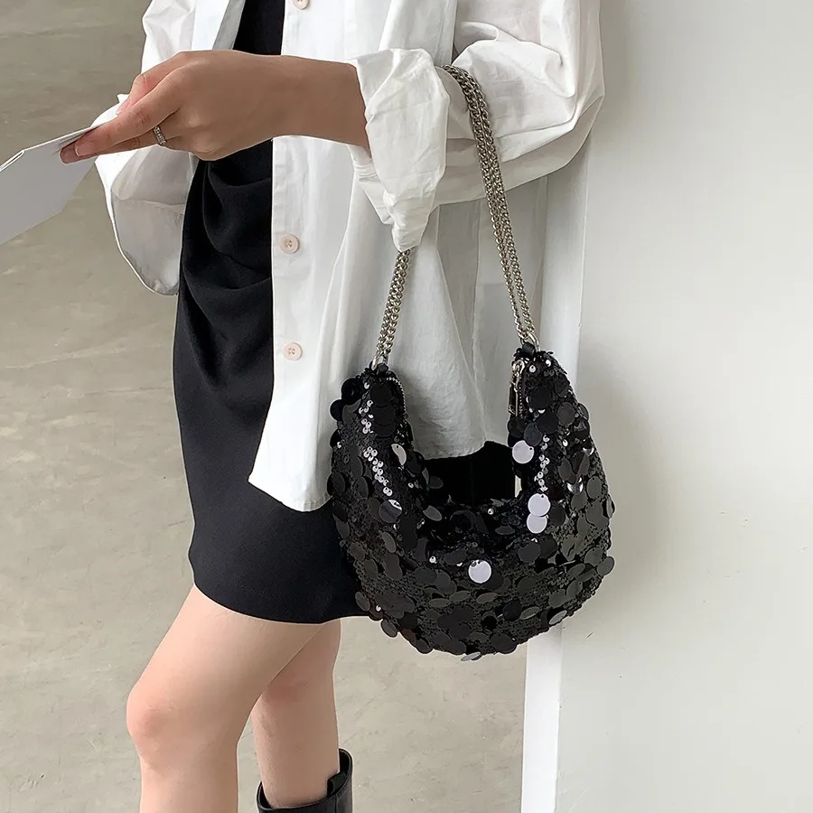 

Ladies Hand Bags New Commuter Single Shoulder Underarm Bag, Chain Sequin Bag, Crescent Moon Bag