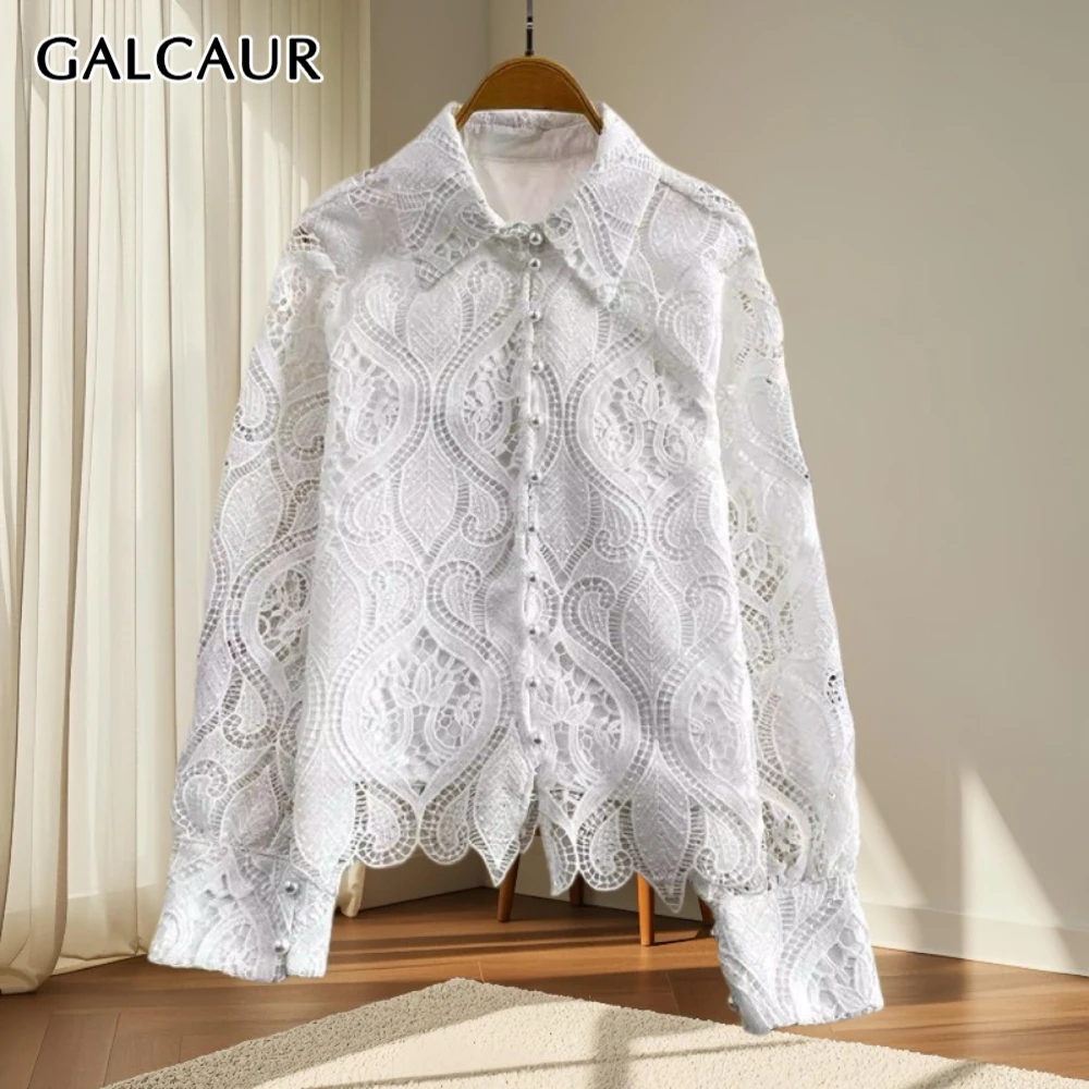 

GALCAUR Solid Spliced Lace Chic Shirt Female Lapel Long Sleeve Loose Minimalist Luxury Women's Shirts Autumn Fashion New Style