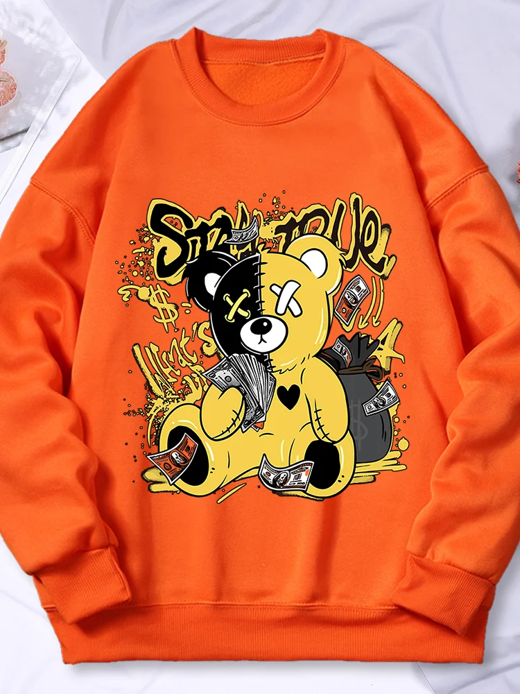 

Bear Cartoon Pattern Printed Hoodies Women'S Hip Hop Fleece Hoodie Autumn Crew Neck Hoody Fashion Casual Pullover Tops Female