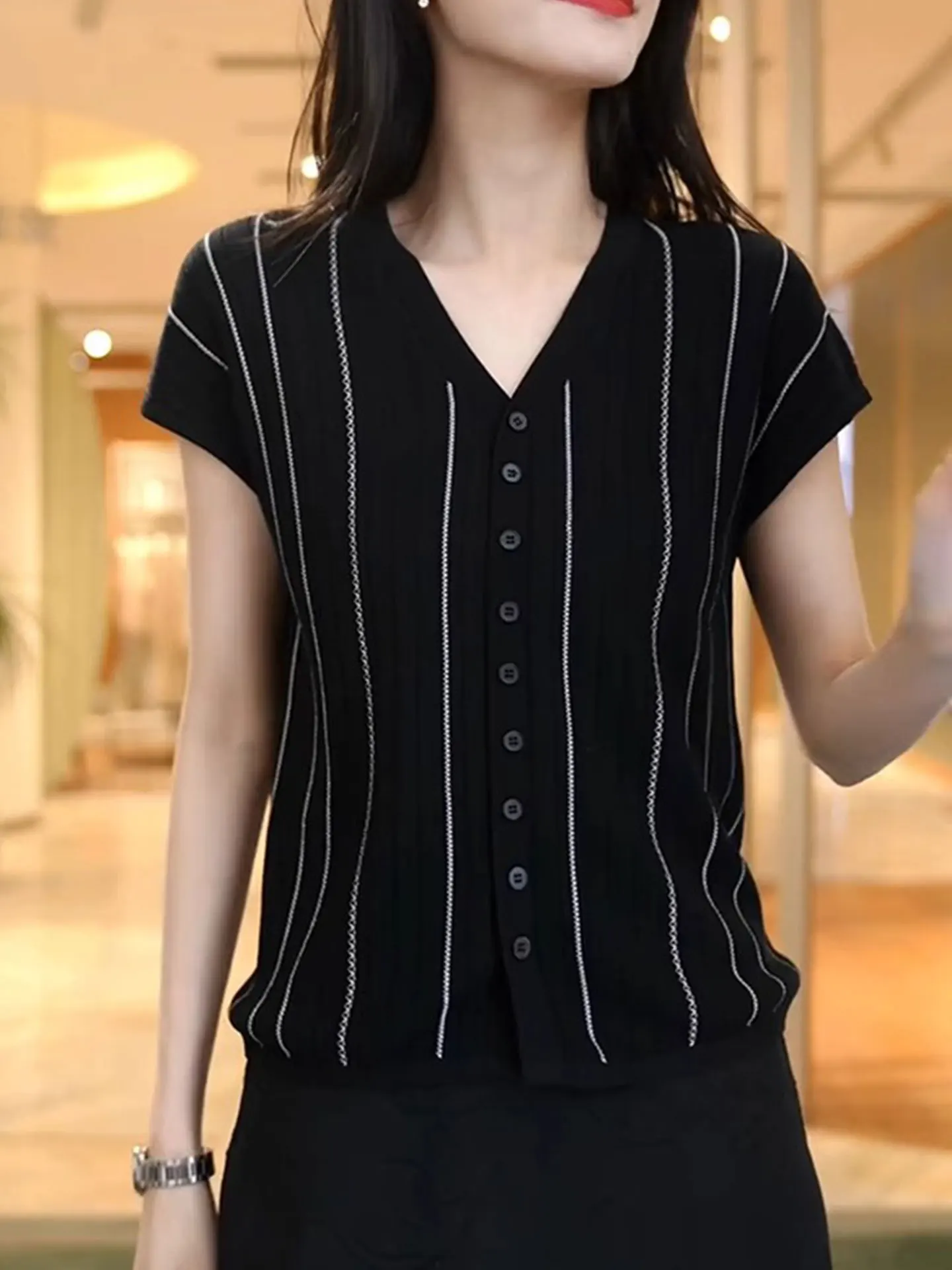 

Faionable Color Blo Vertical Stripes ort Sve Knitted Open Cardigan Ele Korean Sle Commute Silk Top for Young W...