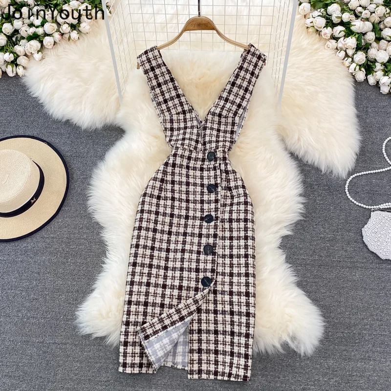 Office Lady Dress Two-piece Suit Woman Woolen Plaid Singel Breasted Dresses + Slim Sweater Tops Dress Sets Korean 2 Pcs Outfits