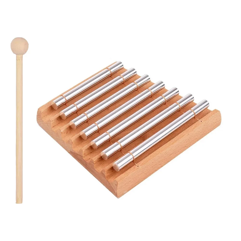7 Tone Percussion Chime with Mallet for Use in Focus Training and Meditation Crafted from Metal and Wood Materials
