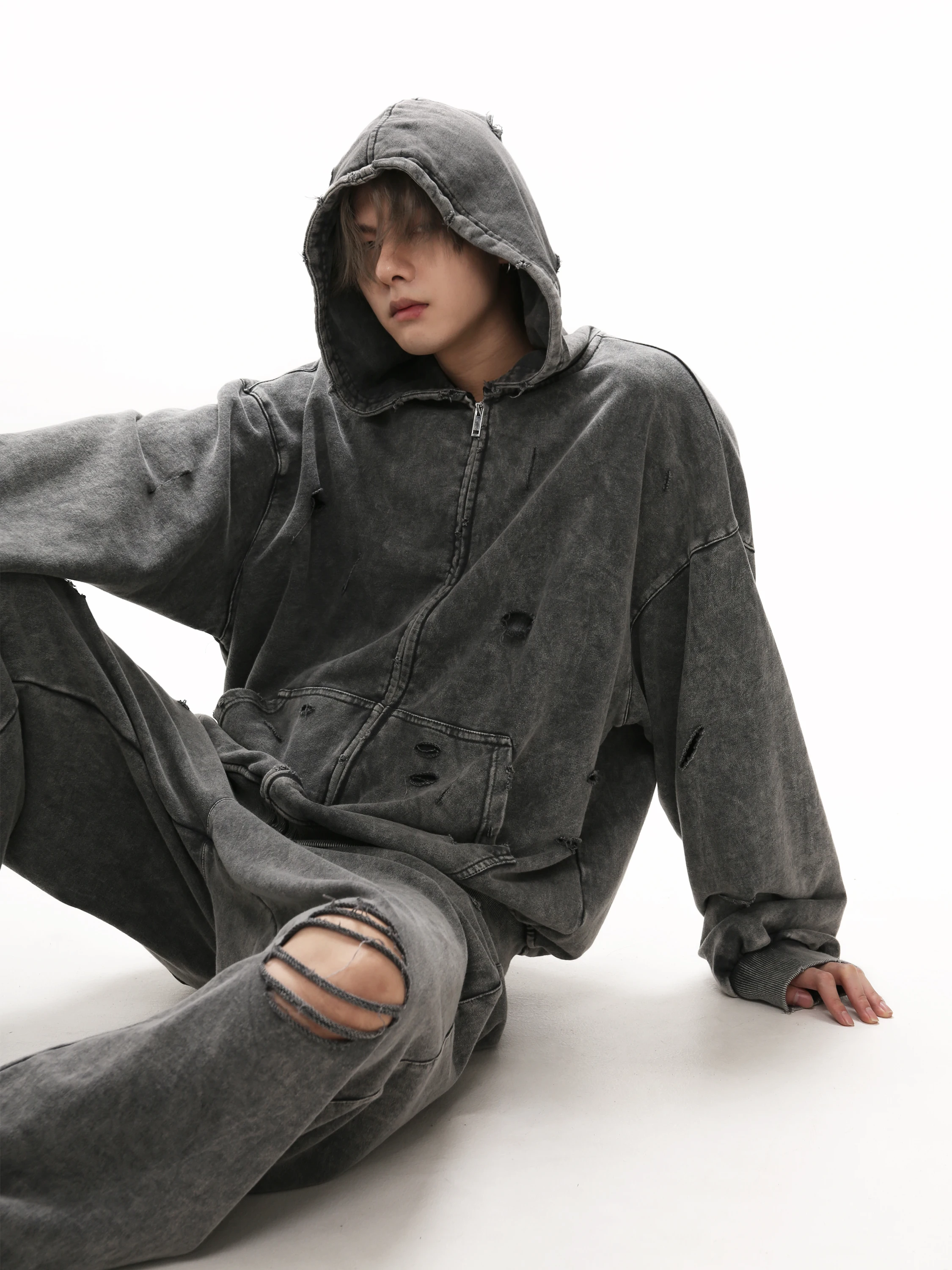 Autumn Winter Ripped Hole Punk Vintage Zip Up Hoodies Man Woman High Street Washed Distressed Sweatshirt Sudaderas