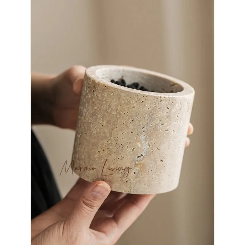 

Natural Travertine Stone Cotton Swabs Holder Box Round Marble Salt Sugar Spice Storage Container Jar Makeup Brush Holder