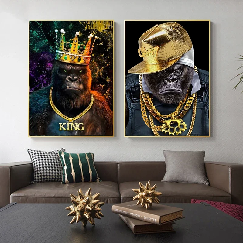 Cool Chimpanzee Wall Art Picture With Frame Canvas Print Golden Crown King Street Hip Hop Hat Monkey Poster Animal Painting Home