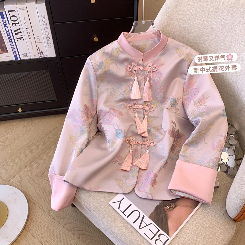 New Chinese Style Knot Button Embroidery Tassel Coat Women's Spring and Autumn Design Vintage Jacquard Stand Collar Cardigan Top