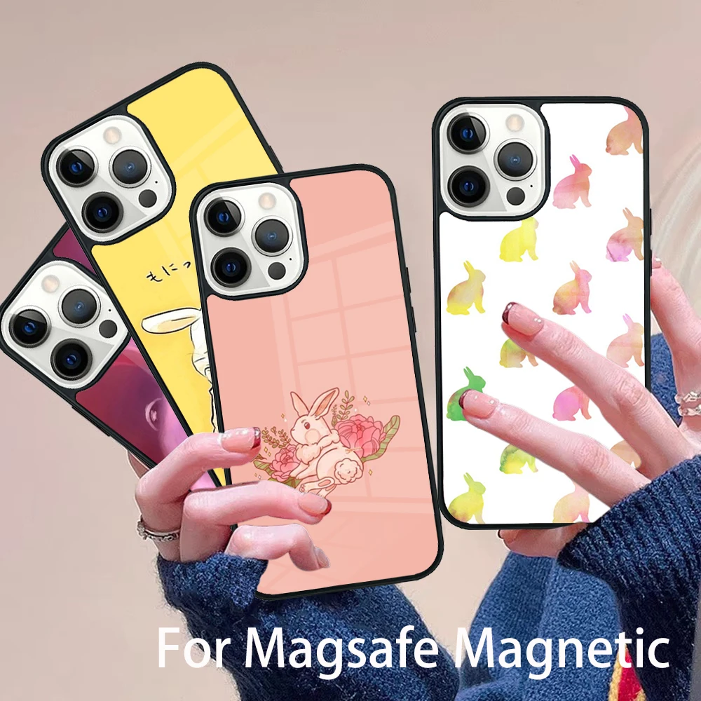

Cute Bunny rabbits background Phone Case Magesafe Magnetic Wireless Charge Cover For IPhone 16 11 12 13 14 15 Pro Max Plus Mini