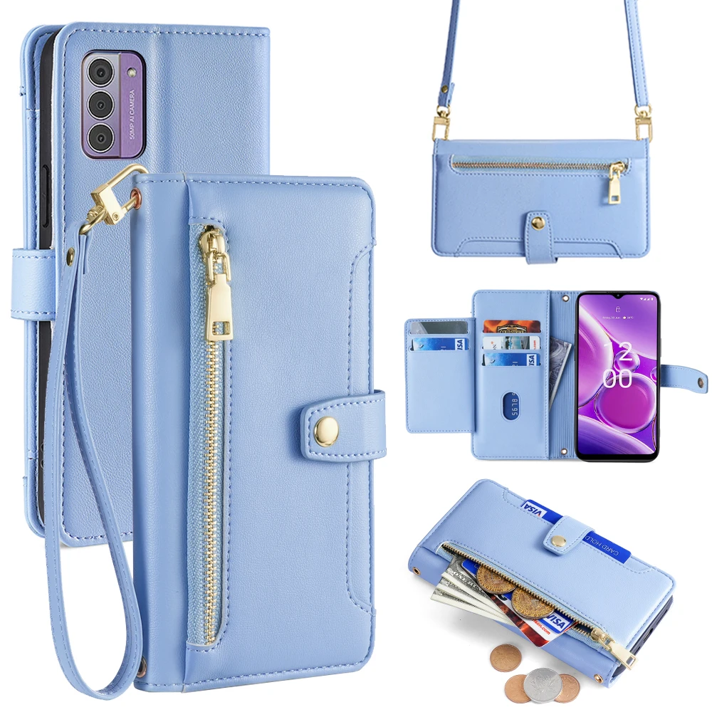 For Nokia G310 Leather Zipper Wallet Phone Case for Nokia G310 5G Crossbody Case with Shoulder Strap Cord and Wrist Strap Cord