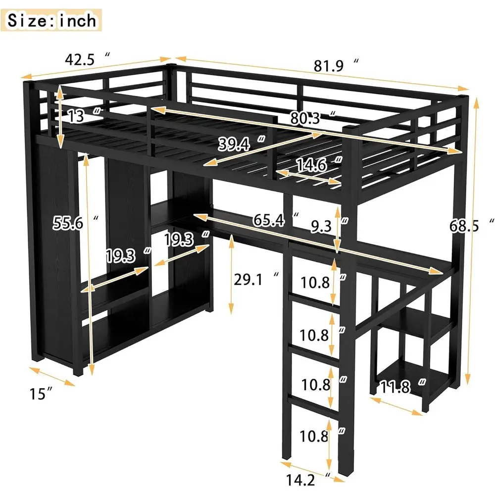 Sturdy Metal Twin XL Bed with L-Shaped Desk, Wardrobe, and Storage, Ideal for Kids and Teens in Black view 2