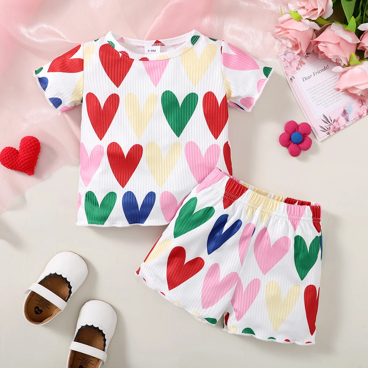 Summer Cool Girls Short Sleeves Heart Pirnt Two-Piece Suit For 0-3 Years Old Kids