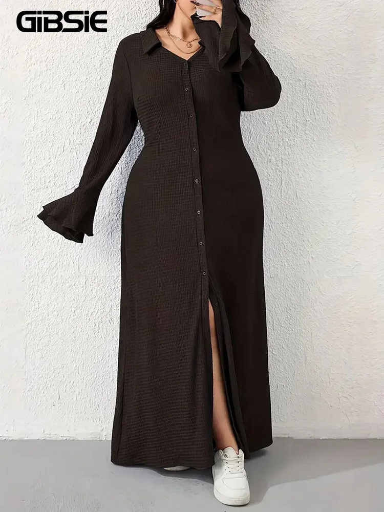 

GIBSIE Plus Size Single Breasted Waffle Knit Long Dress Women Spring Autumn Flare Sleeve Casual Solid Maxi Dresses For Woman