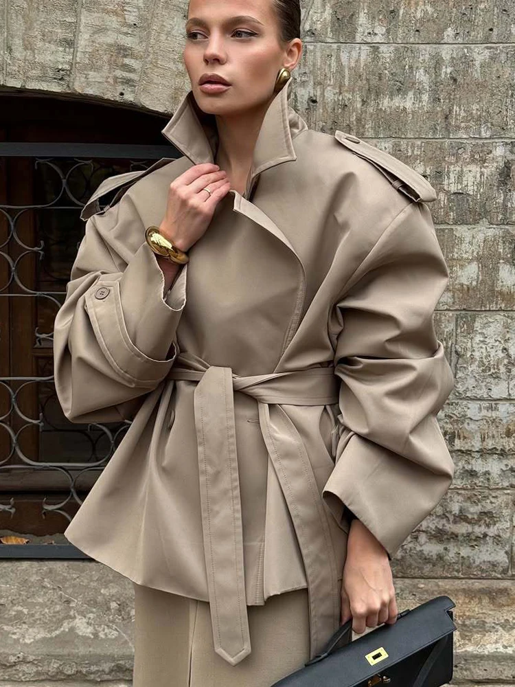 

FSMG Fashion Lapel Collar Lace Up windbreaker Casual Solid Full Sleeve Button Loose Overcoat Lady High Street Oversize Outerwear