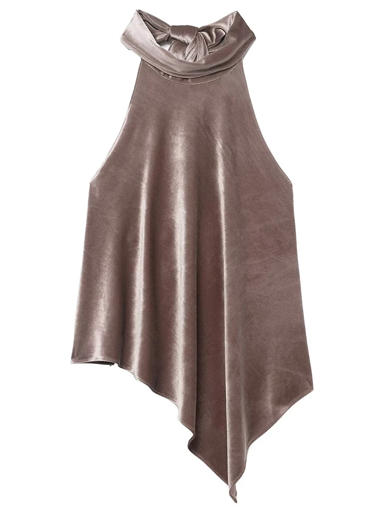 

Женский топ с лямкой на шее, 2025 г., женский новый модный однотонный топ без рукавов с открытой спиной и асимметричным подолом, женский сексуальный элегантный топ с лямкой на шее