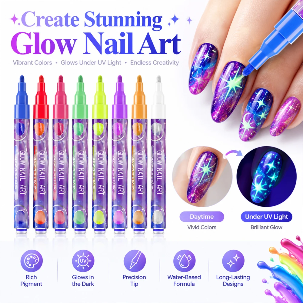 8 Glow Nail Art Pens, neon under black light, vivid pigment, fine tip for party & Christmas nail patterns, professional use
