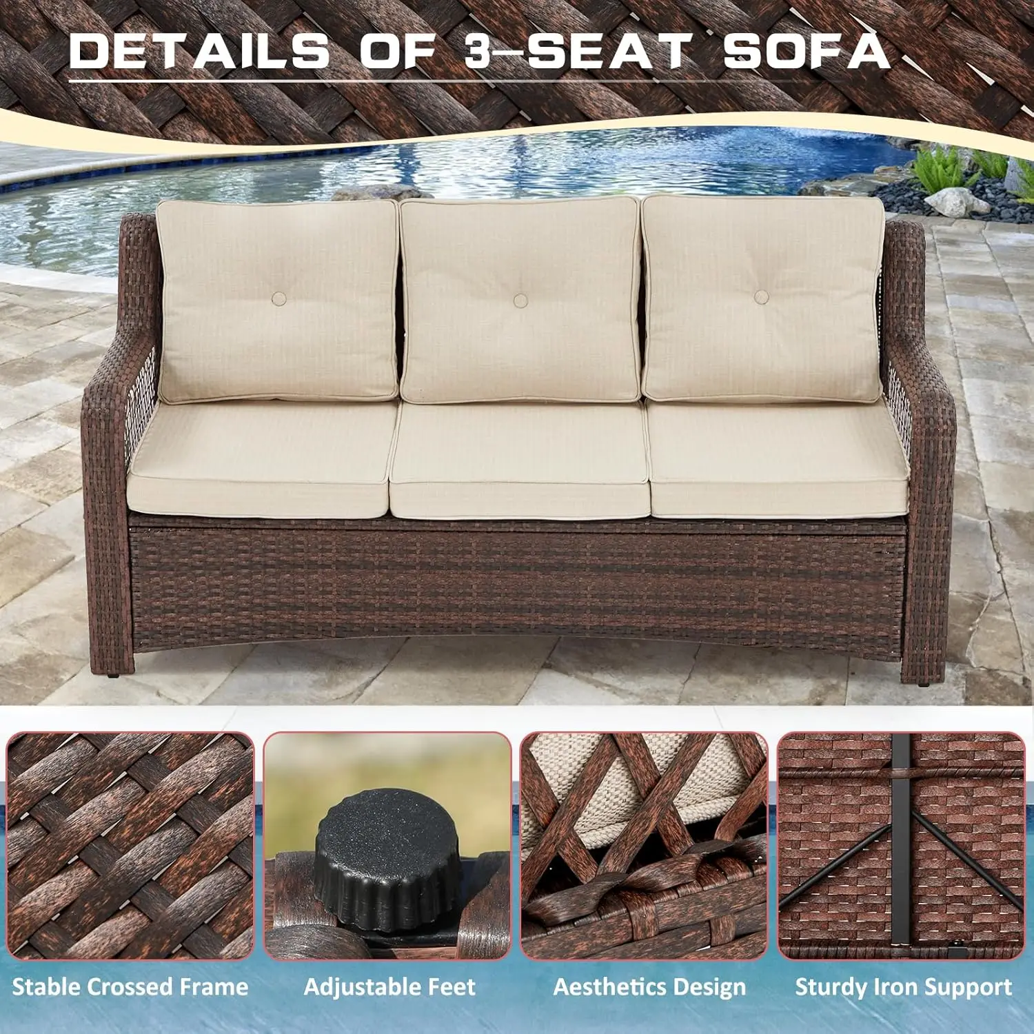 Outdoor Patio Furniture Set Wicker Sectional Couch Conversations Sets Rattan Sofa w/ 360° Swivel Rocking Chairs for Lawn Garden