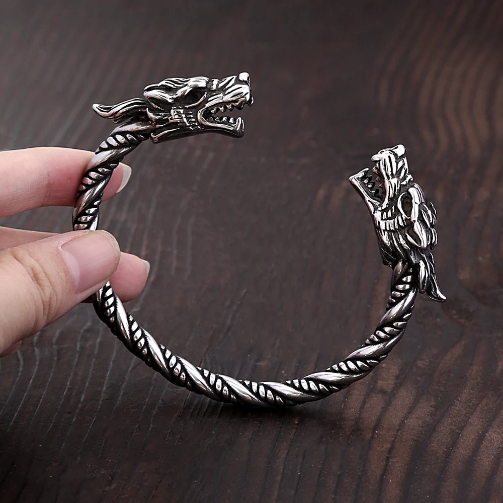 

Classic Vintage Vikings Dragon Head Bracelet For Men Women Stainless Steel Punk Fashion Wristband Cuff Bangles Animal Jewelry