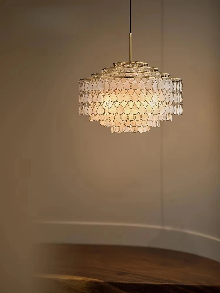 French Light Luxury Copper Edge Shell Chandelier Vintage Retro High-end Living Room Study Restaurant