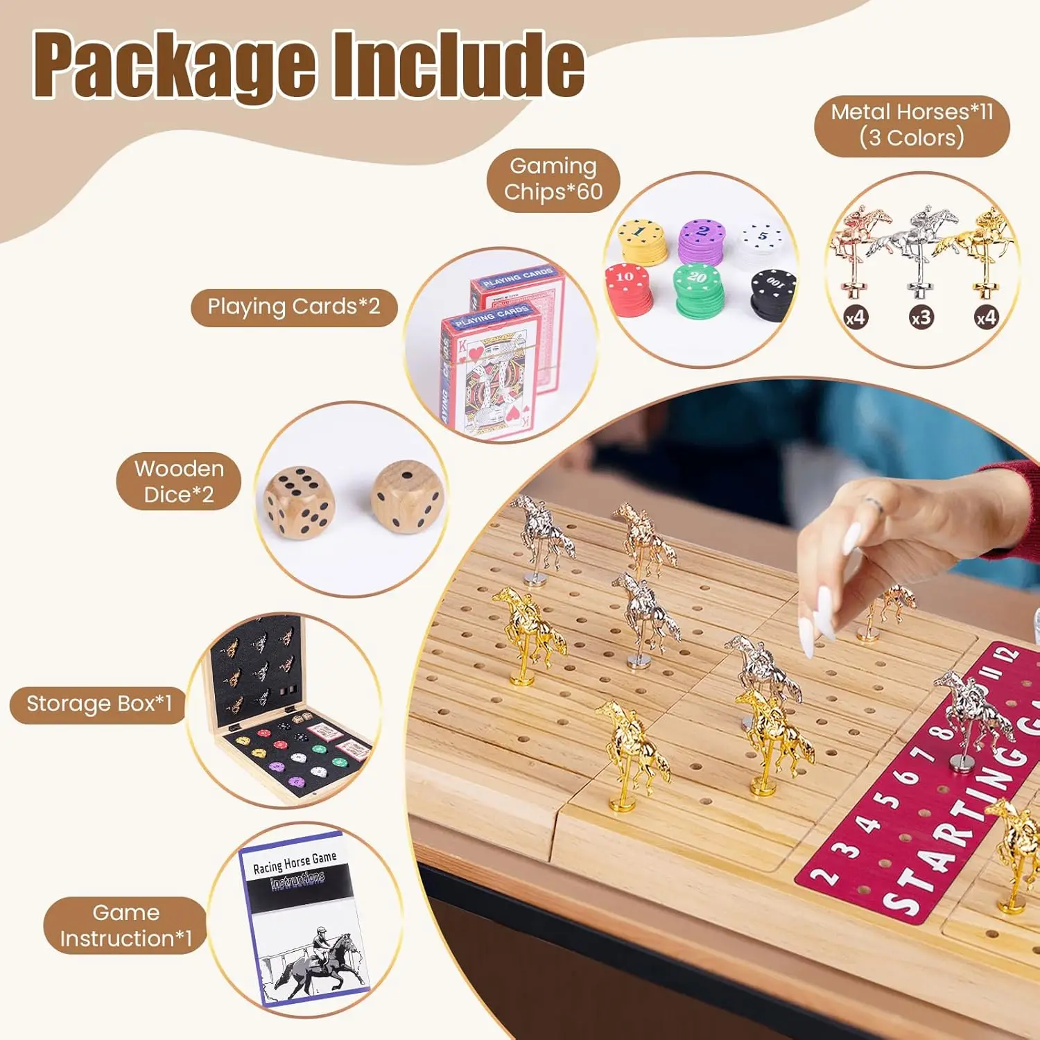 Jogo de tabuleiro dobrável de corrida de cavalos de 28' para adultos, tabuleiro de xadrez de madeira com 11 cavalos de metal, chips, dados, cartas – tampo de mesa clássico ga