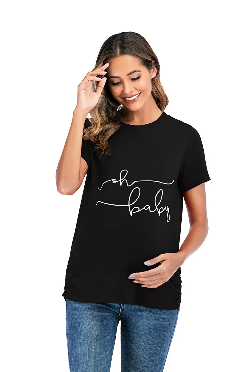 Summer Maternity Clothing Plus Size Maternity T-shirt Tops Short Sleeve Pregnancy Shirt Side Ruched Letter Casual Clothes S-3XL