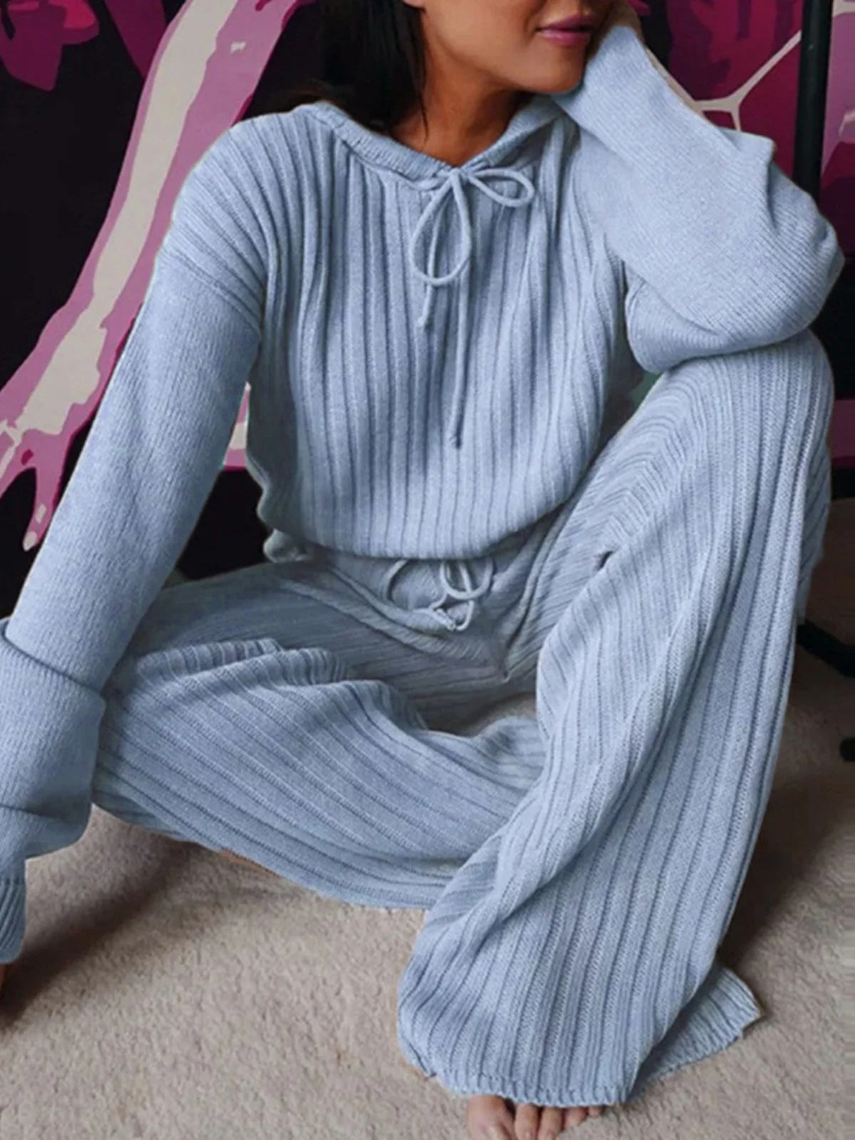 

Женский вязаный свитер, комплект из топа и брюк, длинная толстовка с капюшоном све, модный осенний наряд, повседневный удобный комплект одежды