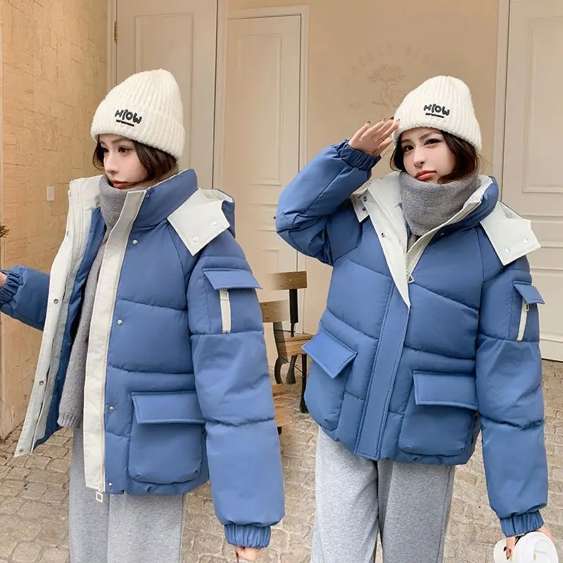 Female Contrast Color Big Pocket Loose Hooded Short Coat Student Bread Cotton Clothes Winter Thick Warm Parka Jacket
