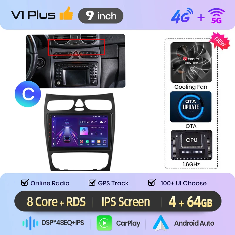Junsun Android Auto autoradio voor Benz C-Klasse W203 C200 C320 C350 CLK W209 2000-2005 Multimedia draadloze Apple CarPlay slimme intelligente systemen IPS touchscreen stereo videospeler 2 Din
