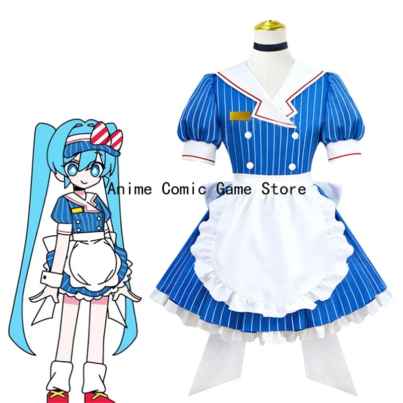 In Stock S-XL Mikuu Hypnotist Cosplay Maid Dress Wig Kasane Tetoo Blue Striped Lolita Dress Halloween Party Outfits for Women