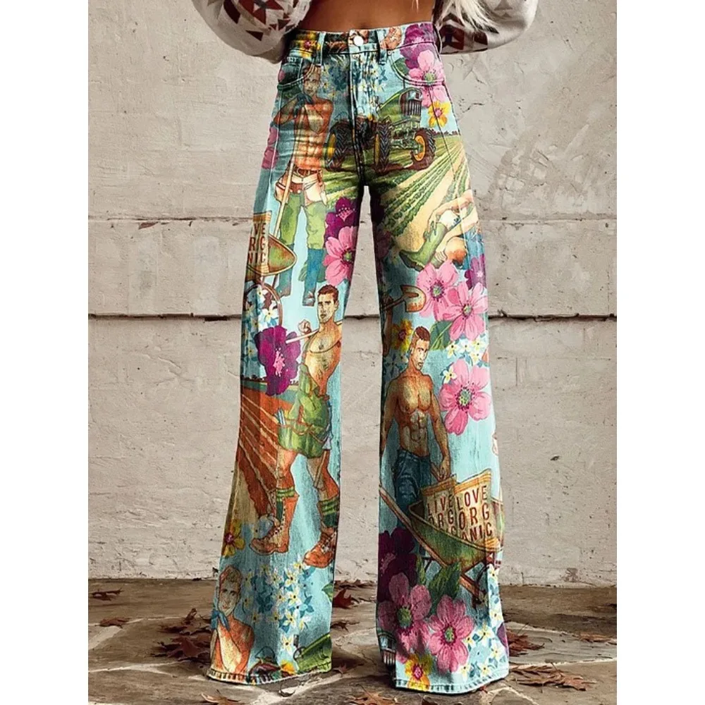 Harajuku Bohemian Art Print Palazzo-Hose mit hoher Taille und weitem Bein, Baumwolle, lässige, locker sitzende Hose mit Taschen, Damen-Punk-Hose – Detail 3