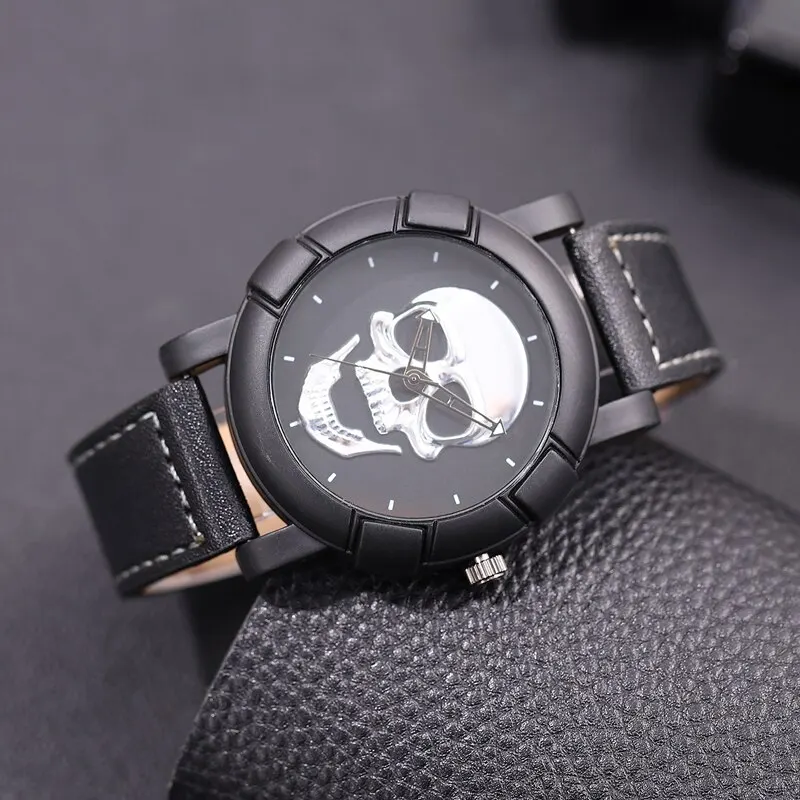 3PCS Set Fashion Mens Skull Watches Classic Men Business Leather Quartz Watch Male Cool Black Necklace Bracelet Wristwatch