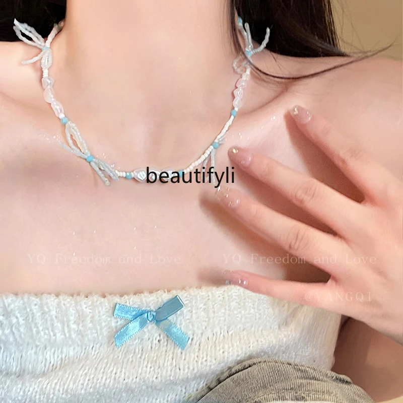 Super Fairy Bow Stringed Pearls Necklace Female Dopamine Color Bead Clavicle Chain Sweet Grace Cool Necklace Accessories