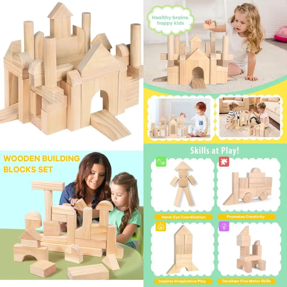 Set di blocchi da costruzione in legno naturale da 64 pezzi con contenitore per i più piccoli dai 3 anni in su - Giocattolo educativo prescolare per ragazzi e ragazze