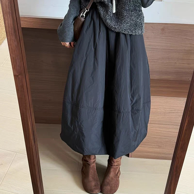 Padded Quilted Bubble Hem Skirt Youthful Warm Versatile Midi For Women Teens Cozy Winter Casual Office Holiday Outfit
