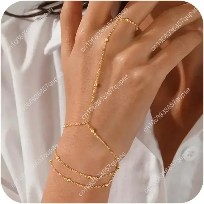 

Gold Bracelets for Women, 14K Gold Plated/Silver Hand Chain Bracelet for Women Trendy Finger Ring Bracelet Hand Chain Dainty Adj