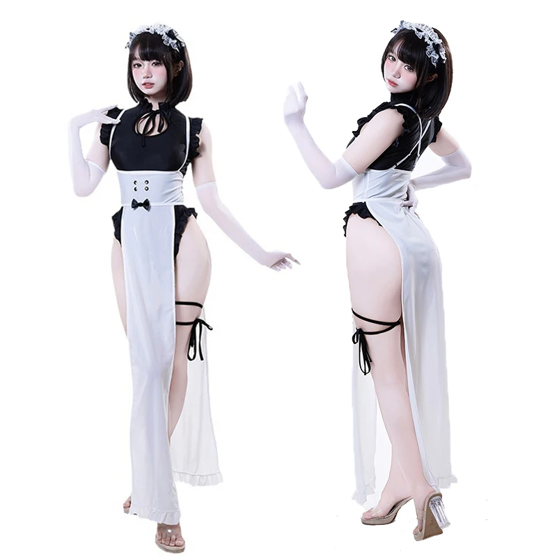 Anime Meido Kafe Cosplay Costume Women Sexy Battle Maid Dress Uniform Ruffle Bodysuit Jumpsuit Slit Long Apron Outfits Halloween