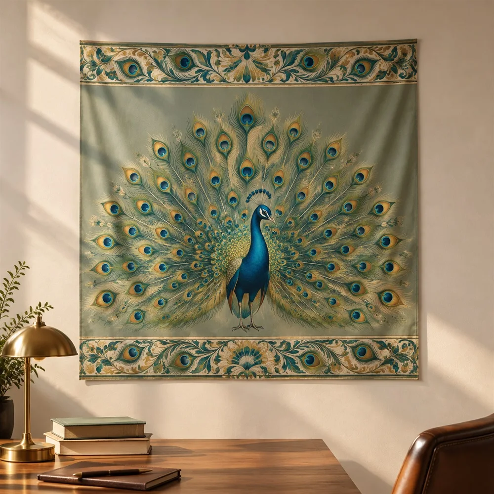VIKAMA Peacock Feather Tapestry Wall Hanging, Ornamental Bird Wall Art, Luxury Decor for Living Room Bedroom Dining Room
