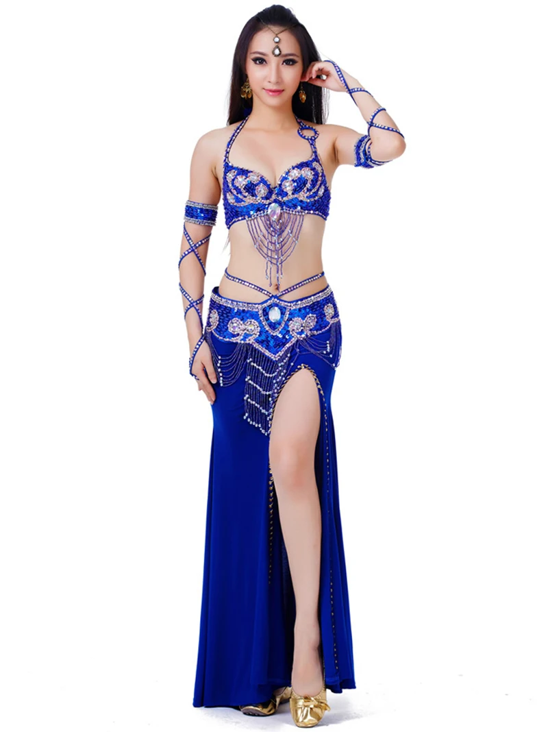 

Adult Women Indian Dancewear Belly Dance Beading Sequin Diamond Embroidery Stage Performance Costume Set Female Rave Outfits