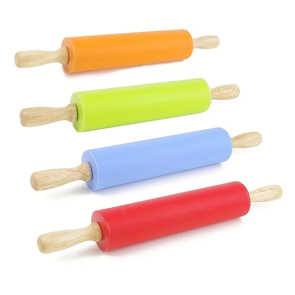 1pcs Silicone Rolling Pin, Wooden Handle Roller Non-Stick Flour Stick, Baking Tools