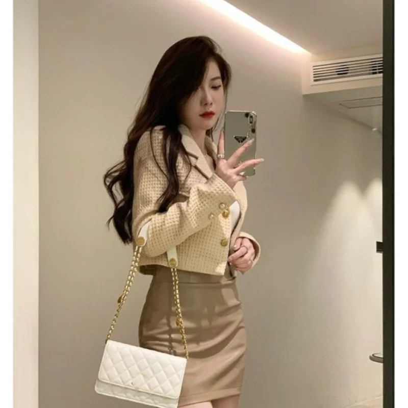 Spring Autumn Korean Khaki Short Suit Coat Hip Wrap Mini Half Skirt Two Piece Set Falls New Women Jakcet Slim Skirts Outfits