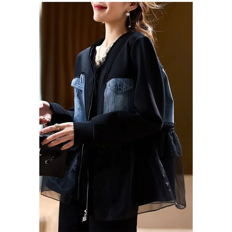 Spring And Summer 2024  New Ladies Jacket Fashion Korean Slim Casual Joker Temperament Denim Stitching Contrast Short Coat